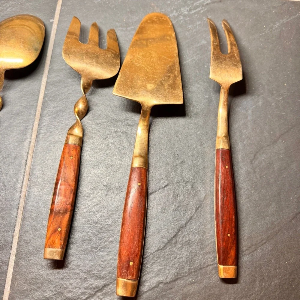 Vintage MCM Luxury Gold Tone Cutlery Rosewood Handles Serving Utensils 29pc‎ Set